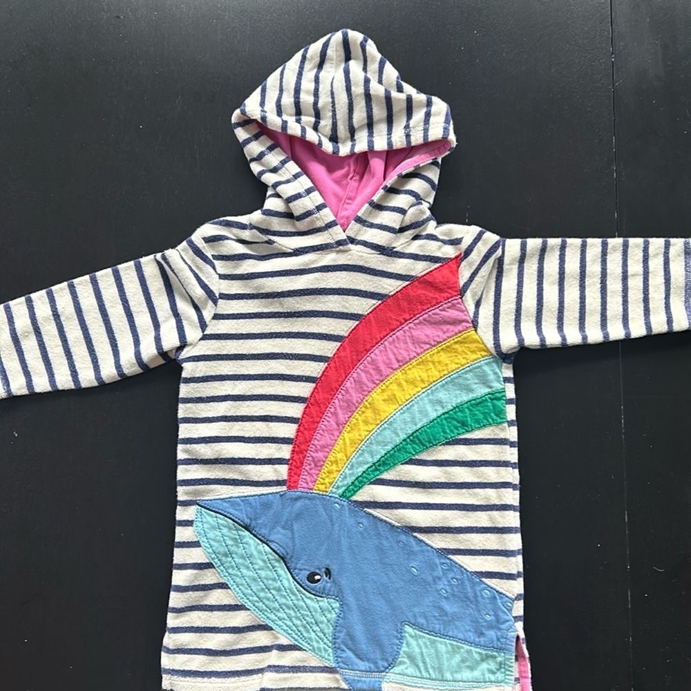 Used Mini-Boden towel dress in size 3-4. Blue and white stripes w/whale.